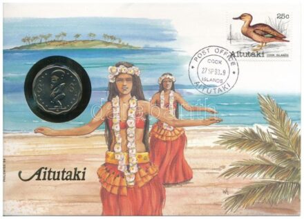 Cook-szigetek / Aitutaki 1992. 1$ Cu-Ni felbélyegzett borítékban, bélyegzéssel, német nyelvű tájékoztatóval T:1 patina Cook Islands / Aitutaki 1992. 1 Dollar Cu-Ni in envelope with stamp, cancellation and a prospectus in german C:UNC