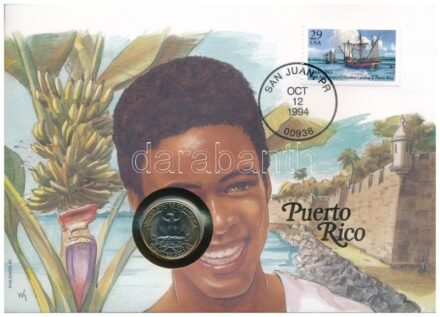 Amerikai Egyesült Államok / Puerto Rico 1993. 25c Cu felbélyegzett borítékban, bélyegzéssel, német nyelvű leírással T:1- patinaUSA / Puerto Rico 1993. 25 Cents Cu in envelope with stamp, cancellation and a prospectus in german C:AU patina