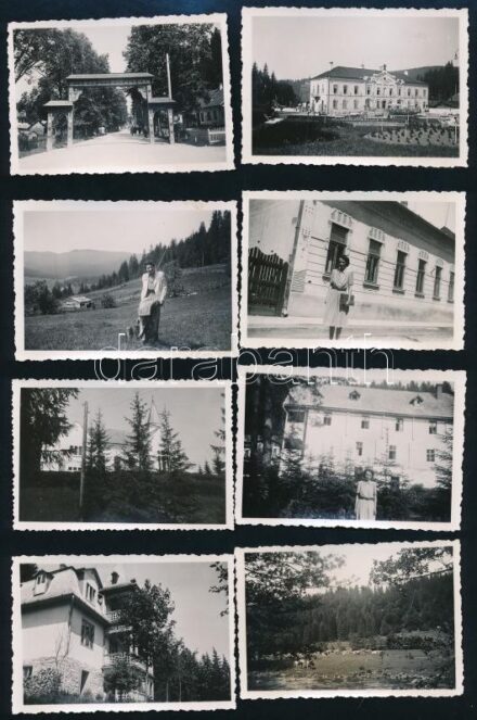 1941-1943 Erdélyi utazások fotói, 20 db, közte Borszék (7 db, Nagykároly (3 db), Gencs (2 db), Tusnádfürdő (3 db), Szent Anna-tó (2 db), Marosvásárhely, Csíklázárfalva, a csucsai Ady-kastély, a hátoldalakon feliratozva, 6x9 cm