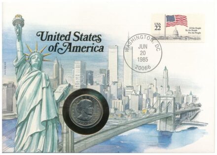Amerikai Egyesült Államok 1979. 1$ Cu-Ni 'Susan B. Anthony' boríték bélyeggel és bélyegzéssel, német nyelvű ismertetővel C:1- USA 1979. 1 Dollar Cu-Ni 'Susan B. Anthony' envelope with stamp and cancellation, with German language