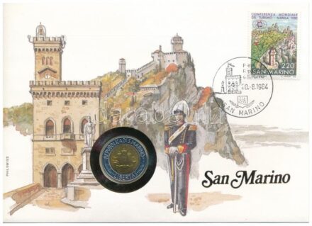 San Marino 1983. 500L bimetál 'Albert Einstein' felbélyegzett borítékban, bélyegzéssel, német nyelvű leírással T:1 patina San Marino 1983. 500 Lire Bimetallic 'Albert Einstein' in envelope with stamp, cancellation and a prospectus in