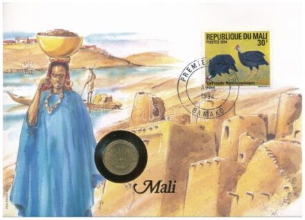 Mali felbélyegzett borítékban, bélyegzéssel, német nyelvű leírással, benne Nyugat Afrikai Államok 1994. 5Fr Al-Ni-Br T:1- patina, kis karc Mali in envelope with stamp, cancellation and a prospectus in german, in it West African States