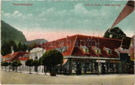 1917 Trencsénteplic, Trencianske Teplice; Attila ház és posta, Muskáth Miksa, Ondreicska Fábián és Gy. Elemér Budapestről üzlete. Ondreicska Fábián saját kiadása / shops, post office (EB)