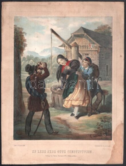 cca 1850 A kútnál. Lanzedelli. jelzett szines lithogárfia 23x31 cm