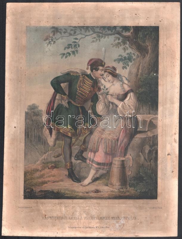 cca 1850 A szerelemnek szerencséje. jelzett színes litográfia 23x31 cm Foltos