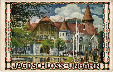 1910 Wien, Erste Internationale Jagdausstellung. Jagdschloss Ungarn / Magyar vadászkastély / The First International Hunting Exposition in Vienna, Hungarian hunting castle. Advertisement art postcard s: H. Kalmsteiner (fa)