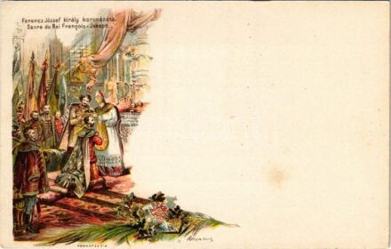 Ferenc József király koronázása. Ezredéves Országos Kiállítás / Sacre du Roi Francois-Joseph / coronation of Franz Joseph I of Austria. Hungarian Millennium Exhibition. barna 2kr Ga. litho s: Cserna K. (EK)