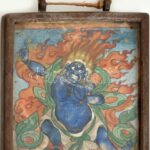 Tibeti szentképes amulett, kissé sérült üvegezett réz keretben, 5,5x4 cm