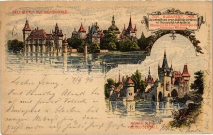1896 (Vorläufer!) Budapest XIV. Történelmi főcsoport épületei, déli oldal és nyugati oldal, Vajdahunyad vára. Ezredéves Országos Kiállítás. Art Nouveau s: Morelli, Dörre T. + 2 Kr. brown Ga.