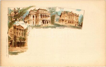 Budapest, Ezredéves Országos Kiállítás, Budapesti színházak, Nemzeti Színház, Népszínház, M. kir. Operaház. litho barna 2 Kr. Ga. s: Cserna