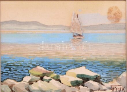 Olvashatatlan jelzéssel: Balatoni vitorlás. Akvarell, ceruza, papír. Kissé foltos. Üvegezett fakeretben, 11×15,5 cm