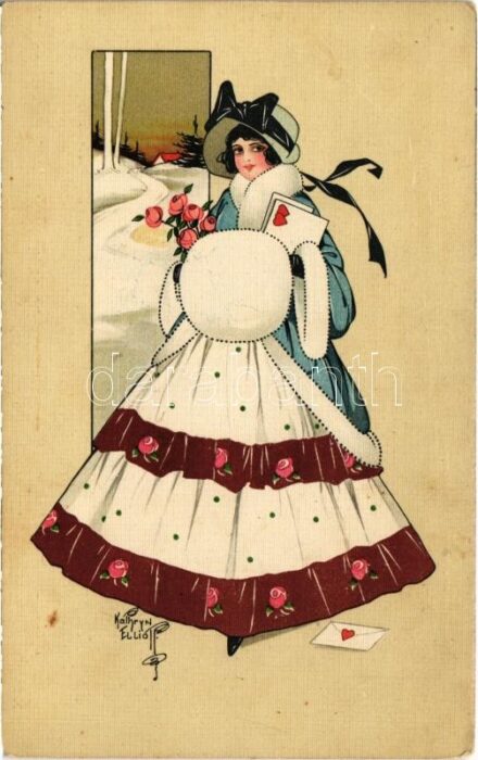 Lady art postcard. G.O.M. 1989. litho s: Kathryn Elliott (fl)