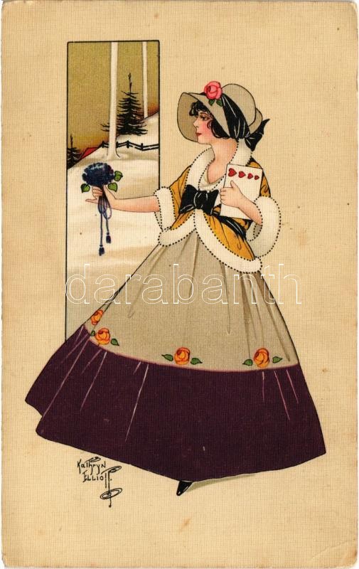 Lady art postcard. G.O.M. 1986. litho s: Kathryn Elliott (fl)