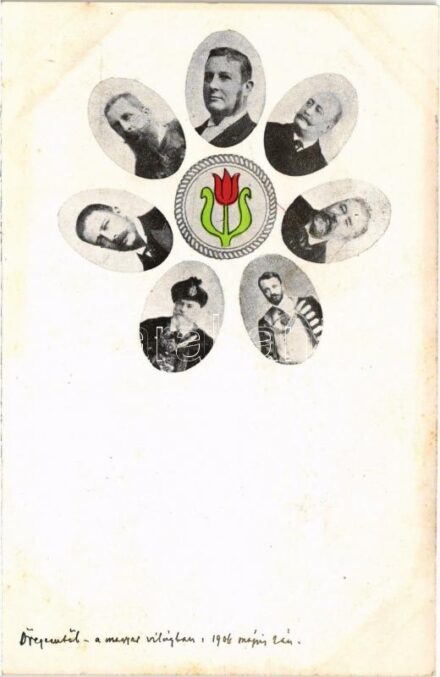 A második Wekerle-kormány tagjai: Wekerle Sándor, Ifj. Andrássy Gyula, Polónyi Géza, Kossuth Ferenc, Apponyi Albert, Josipovich Géza, Zichy Aladár. tulipános, hazafias lap, Örömy Sándor kiadása / The Hungarian Government of 1906