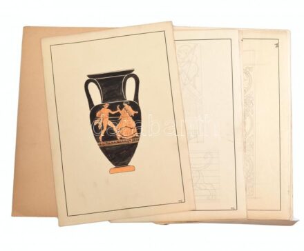 Turcsányi Árpád (1921-1998): 15 db ornamentika és egyéb díszítőrajz, harmadéves szobrásznövendékként, 1942-43 körül. Akvarell, tus, ceruza, papír. Minden egyes lap T.Á. monogram jelzéssel. Néhány lap kissé foltos. Korabeli