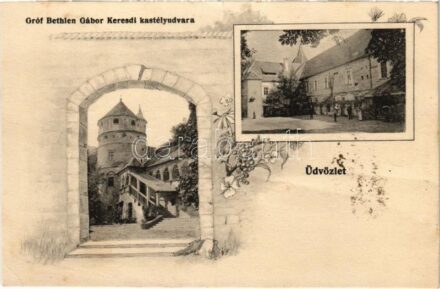 1921 Keresd, Cris, Kreis; Gróf Bethlen Gábor kastélya és udvara. Teutsch F. kiadása / Kreischer Schlosshof des Grafen Gabriel Bathlen / castle and courtyard. Art Nouveau, floral (kis szakadás / small tear)