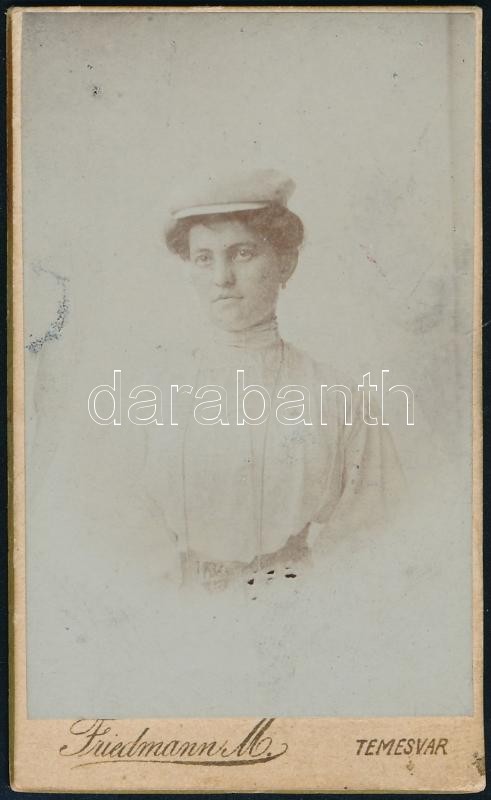 cca 1910 Hölgyportré, keményhátú fotó, Friedmann M. temesvári műterméből, 7x4 cm