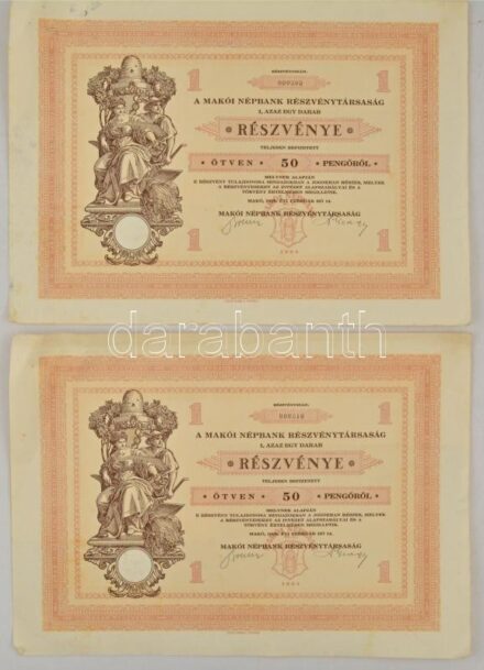 Makó 1929. 'Makói Népbank Részvénytársaság' részvénye 50P-ről (2x), sorszámkövetők '000309 - 000310', szelvényekkel, szárazpecséttel T:II folt