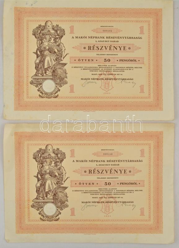 Makó 1929. 'Makói Népbank Részvénytársaság' részvénye 50P-ről (2x), sorszámkövetők '000309 - 000310', szelvényekkel, szárazpecséttel T:II folt