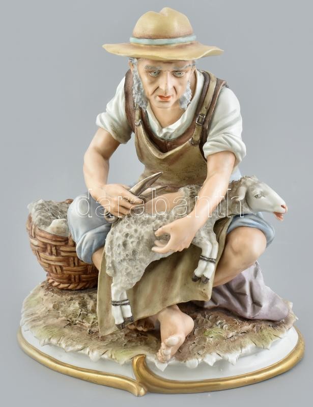 Sitsendorf nagy méretű porcelán figura, birka nyíró, , Németország 1900 körül, hibátlan, jelzett, m: 25 cm