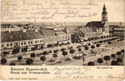 1902 Nagyvárad, Oradea; Szent László tér, piac, Huzella M., Ausländer, Deutsch, Schwarzen Adler üzletek, gőzhengermalmi liszt. Helyfi László kiadása / market, square, shops (EK)