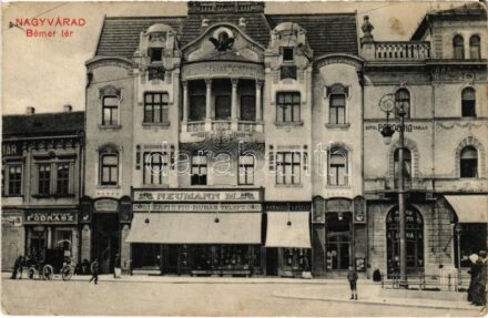 1912 Nagyvárad, Oradea; Központi Takarékpénztár, Pannónia Szálló, Bémer tér, Lévay István fodrász szalonja, Neumann M. ruhaüzlete, Karaguly László üzlete, Uránia Mozgó. Neumann M. saját kiadása / Central Savings Bank, Hotel,