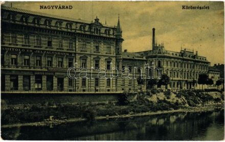 1910 Nagyvárad, Oradea; Köröspart, Leszámítoló és Jelzálogbank, Gazdák Biztosító Szövetkezetének nagyváradi vezérképviselősége, Bartos Bódog üzlete. Klein Sándor és Vilmos kiadása / Cris river, bank, shops (fl)