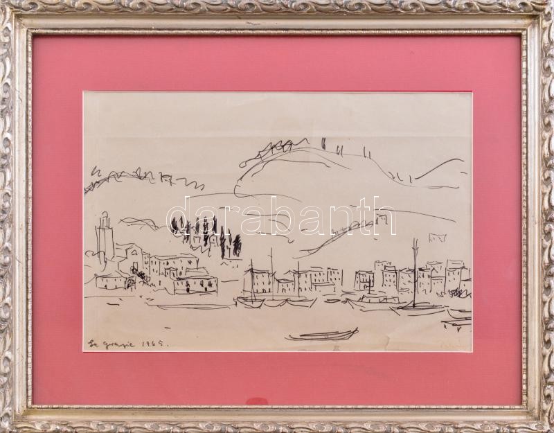 Pekáry István (1905-1981): Le Grazie, Olaszország, 1965. Tus, papír, jelezve jobbra lent, sérült. Üvegezett fakeretben, 20×29,5 cm