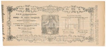 Budapest / Pest 1873. 'A Magyar Királyi Pénzügyminisztérium arany- és ezüst sorsjátéka az Újpesti Katolikus Templom felépítésének javára' 50kr értékben (2x) '283 277-278' sorszámkövetők T:I- kissé megsárgult lapok