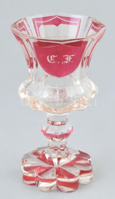 Antik biedermeier emlék pohár, pácolt, gravírozott, korának megfelelő kopásokkal, 1860 körül, m: 16 cm - Image 2