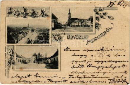 1899 (Vorläufer) Modor, Modra; látkép, Deák tér, plébániatemplom, üzletek, városkapu. Kiadja Körper Károly fényképész / general view, square, parish church, shops, old city gate. Art Nouveau, floral (EK)