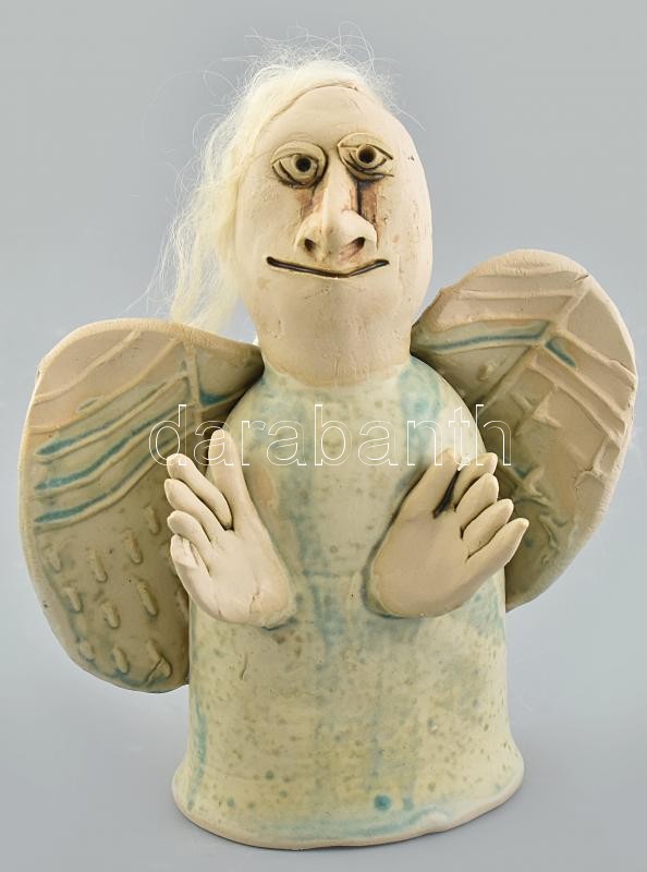 Vertel Andrea (1953- ): Angyal, mázas kerámia, jelzett, ujja sérült, m: cm