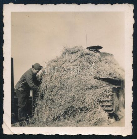 cca 1941-1944 'Szénaboglyának álcázott' II. világháborús német Pz.Kpfw. 38(t) harckocsi, hátoldalán feliratozott fotó, 6x6 cm / WWII German Pz.Kpfw. 38(t) tank covered in hay, photo