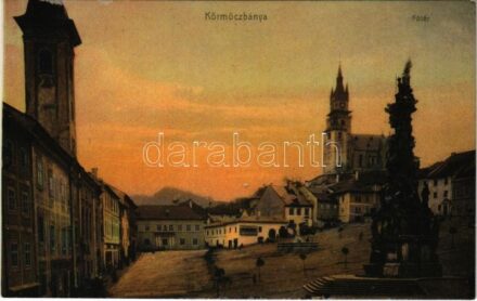 Körmöcbánya, Kremnitz, Kremnica; Fő tér, Szentháromság szobor. Ritter Lipót I. kiadása / main square, Trinity statue