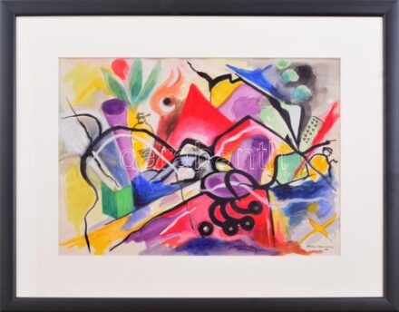 Bakó Karcsinszkij '93 jelzéssel, feltehetően orosz festő munkája: Absztrakt villanások. Akvarell, papír, üvegezett fa keretben, 28x40 cm / Signed Bakó Karcsinszkij '93, probably work of a russian painter: Abstract lightnings. Watercolour