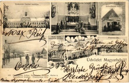 Magyarbél, Madarsky Biel, Velky Biel; Xivkovich Emilné kastélya, Szövetkezeti bolt, üzlet, Római katolikus templom és belseje, iskola, plébánia lak, tél. Steegmüller Arthur kiadása / castle, cooperative shop, church interior, school,