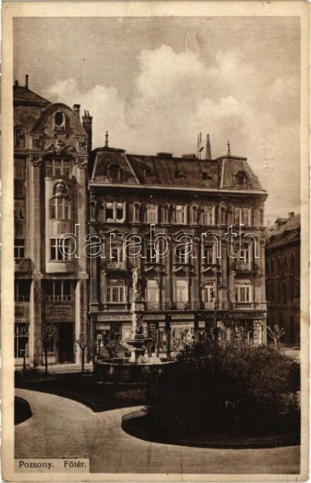 Pozsony, Pressburg, Bratislava; Fő tér, Magyar bank, Kobrak cipő raktár, Weisz Bernát, Langenthal György üzlete. Hardtmuth E. 1912. / main square, shops