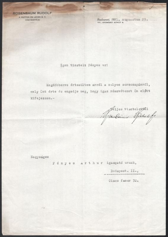 1931 Rosenbaum Adolf, a Hutter és Lever Rt. vezetőjének levele Fényes Arthurnak