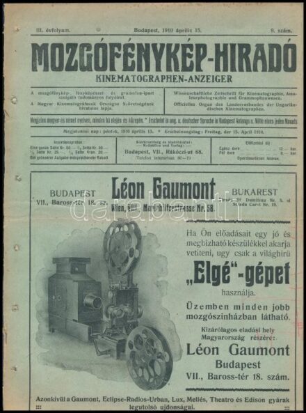 1910 Mozgófénykép-Hiradó. Kinematographen - Anzeiger. III. évf. 9 sz. Bp.,'Thália-ny.', a borító sérült, szakadt, az elülső borító elvált, a hátsó borítón javítással, lapszéli lyukakkal, 8+V-VIII p.