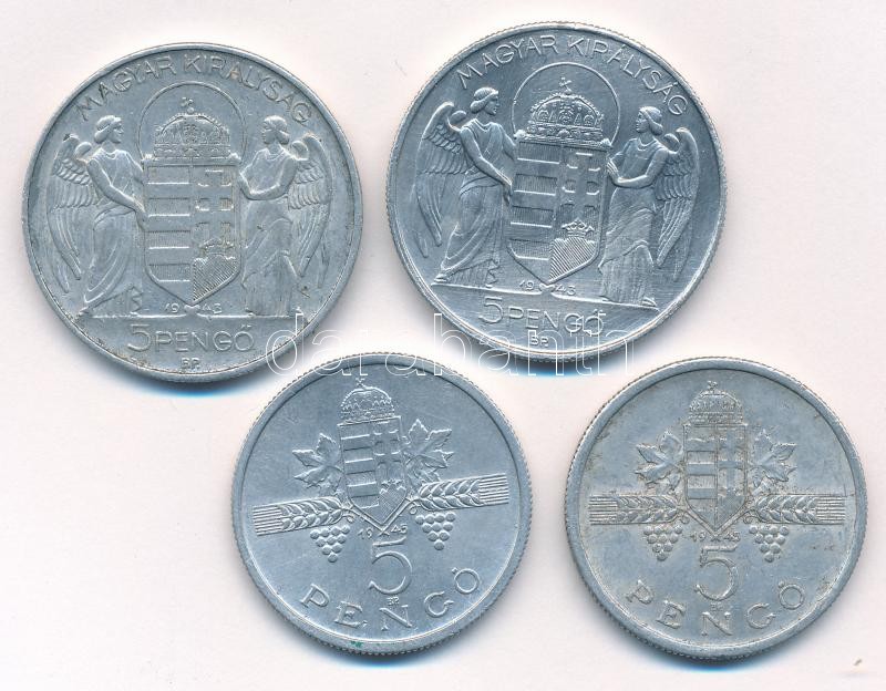 1943. 5P Al 'Horthy 75. születésnapjára' (2x) + 1945. 5P Al 'Parlament' (2x) T:2,2- Adamo P8.3, P8.4 - Image 2