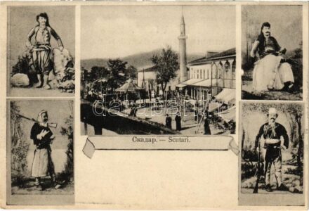 Shkoder, Shkodra, Skadar, Skodra, Scutari, Skutari; piac, fegyveres katonák népviseletben / market, militants, folklore