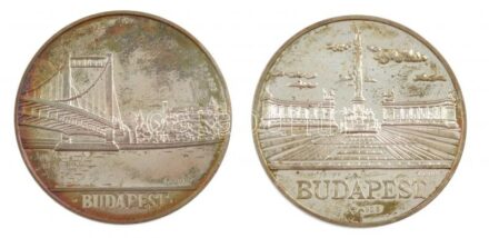 Lebó Ferenc (1960-) 1992. 'Hungarian Telecommunications Company Limited / Budapest Lánchíd' + 'Europa Telecom, 1992.október 12-17 / Hősök Tere' Ag emlékérem pár műanyag dísztokban (31,33g és 31,35g/0.925/42,5mm) T:1- (PP) patina,