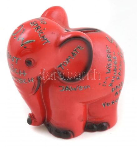 Goebel fajansz persely, elefánt figura, jelzett, kézzel írt szövegekkel, kopásnyomokkal, m: 12 cm.