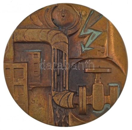 Lajos József (1936-) ~1965. 'Százhalombattáért' kétoldalas, öntött bronz emlékérem (89mm) T:1- patina