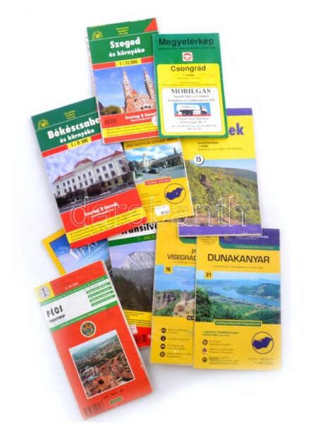 9 db Magyarországi térkép (megye-/várostérkép, turistatérkép) + Erdély autótérkép