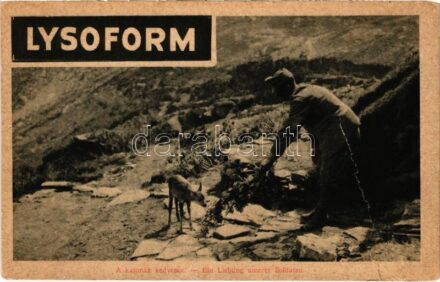 A katonák kedvence. A Képes Újság felvételei. Lysoform fertőtlenítő reklám / Ein Liebling unserer Soldaten / WWI Austro-Hungarian K.u.K. military, soldier with deer. Lysoform disinfectant advertisement (szakadás / tear)