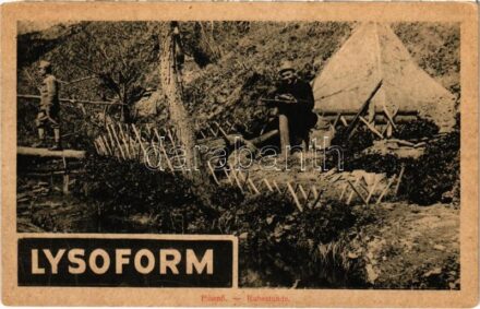 Pihenő. A Képes Újság felvételei. Lysoform fertőtlenítő reklám / Ruhestunde / WWI Austro-Hungarian K.u.K. military, resting soldier. Lysoform disinfectant advertisement (EK)