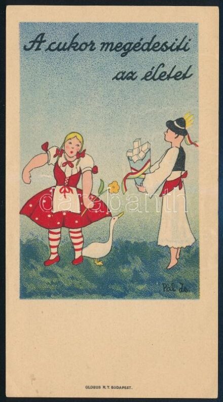 cca 1930 'A cukor megédesíti az életet', számolócédula, Pál Zs. grafikája, Bp., Globus Rt., 14x7,5 cm