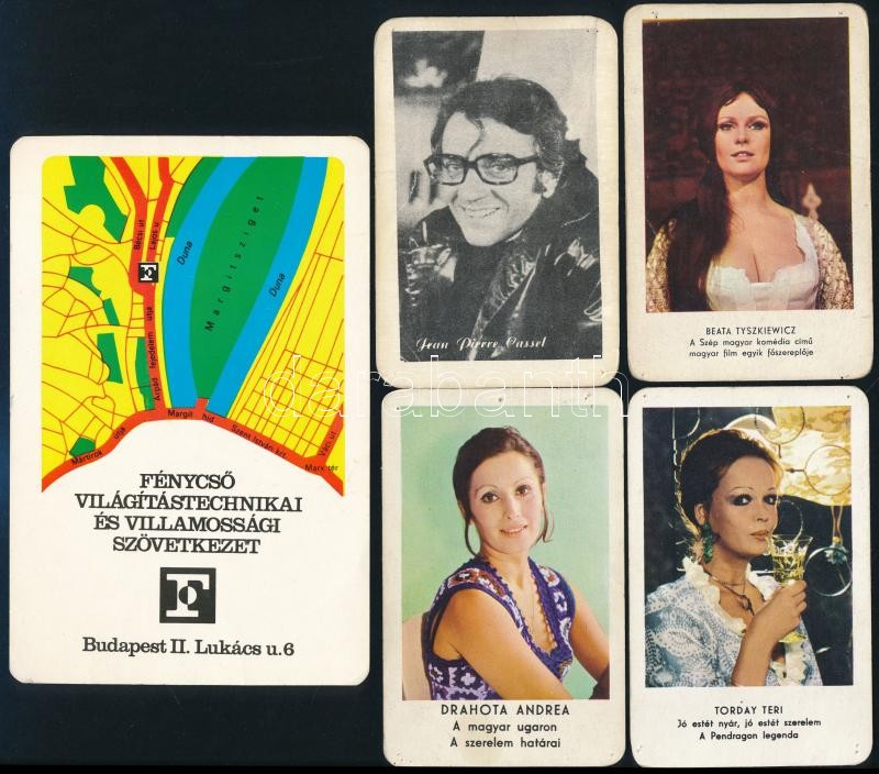 1971-1978 10 db színésznőket, színészeket ábrázoló kártyanaptár + Fénycső, Világítástechnikai és Villamossági Szövetkezet nagyméretű kártyanaptára, 15x10 cm - Image 2