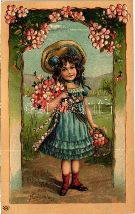 Herzlichen Glückwunsch zum Namenstage / Name Day greeting art postcard with girl. EAS Art Nouveau, floral, Emb. litho